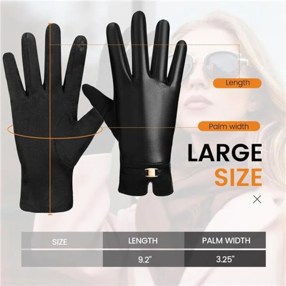 Women's Leather Gloves Winter Black PU Leather